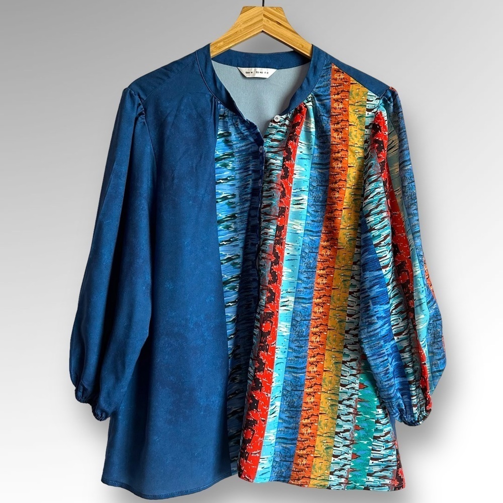 TENDENCY Womens Blouse Blue Asymmetrical Abstract Printed Design Sz M